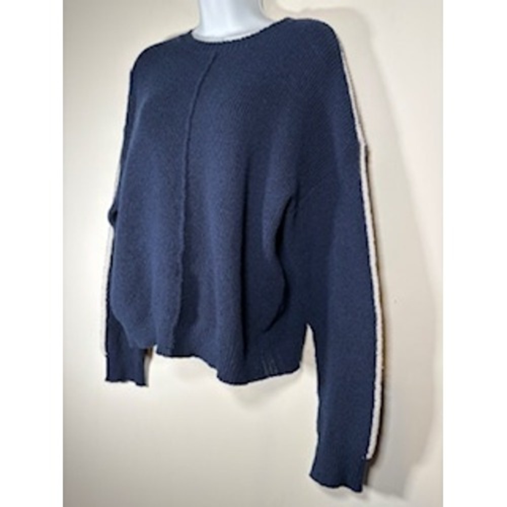 Navy Blue Sweater White Sleeve Stripe Ribbed Knit Crewneck Coastal‎ Nautical - Picture 2 of 5